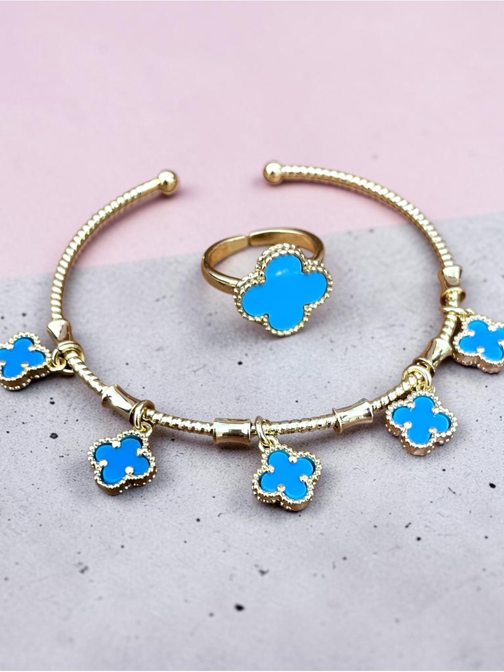 Blue Gold Filled Clovers Adjustable Cuff Bracelet Adjustable Ring 2 Pc Set NWOT